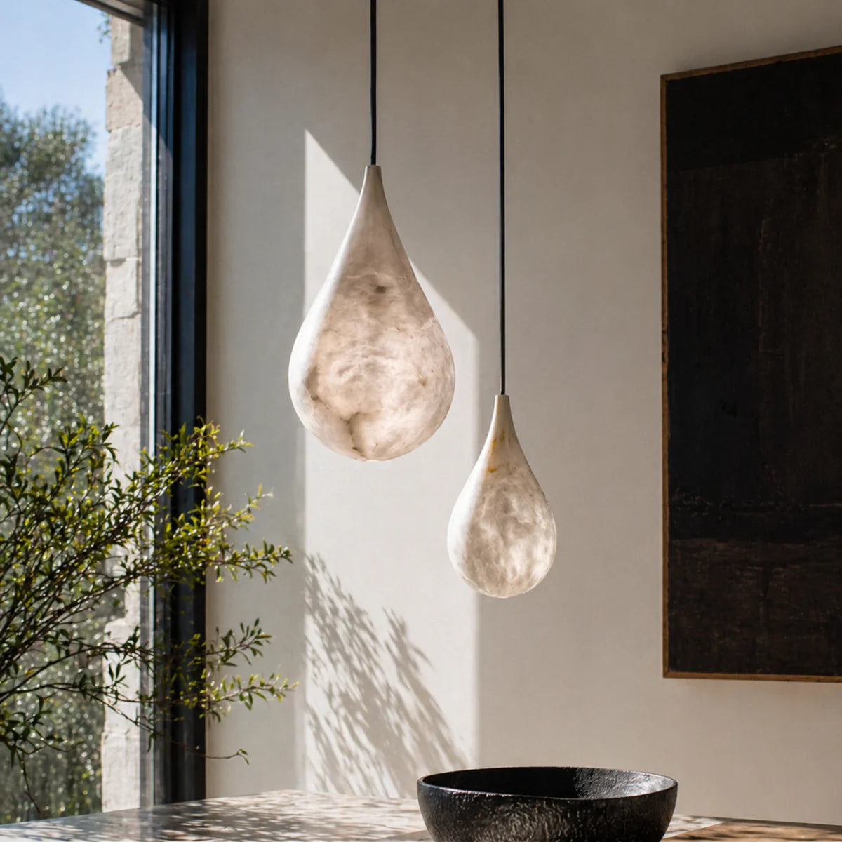 LuxRoyale Organic Alabaster Teardrop Pendant Light - Natural Stone Hanging Lamp