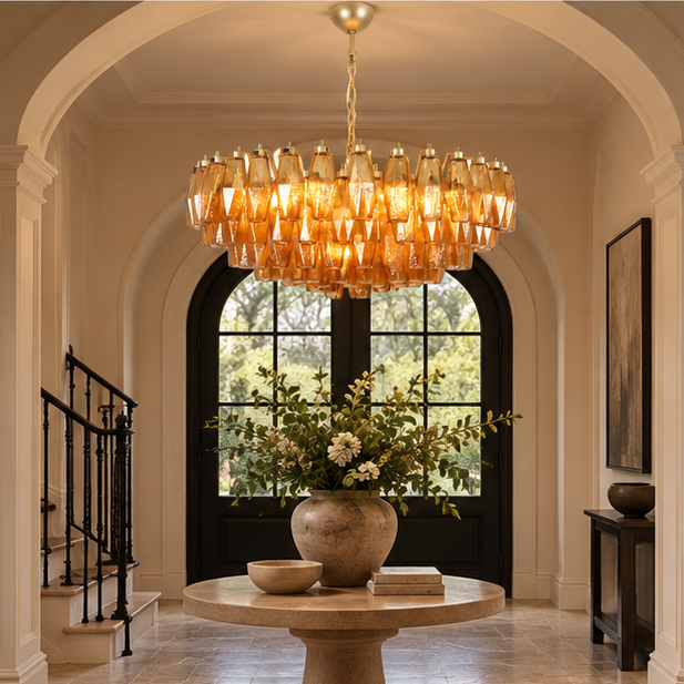 LuxRoyale Amber Murano Glass Chandelier - Geometric Hanging Light Fixture