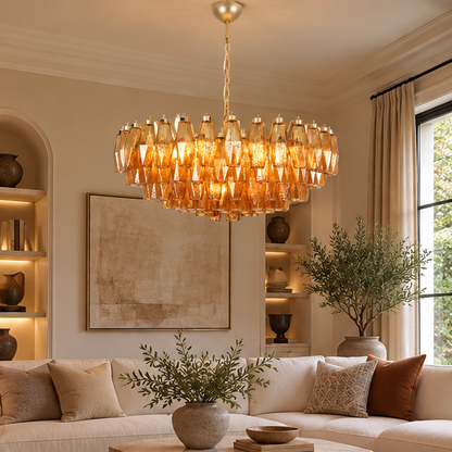 LuxRoyale Amber Murano Glass Chandelier - Geometric Hanging Light Fixture