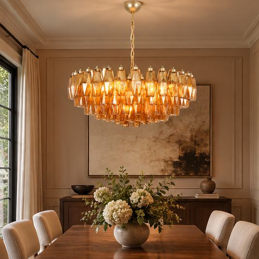 LuxRoyale Amber Murano Glass Chandelier - Geometric Hanging Light Fixture