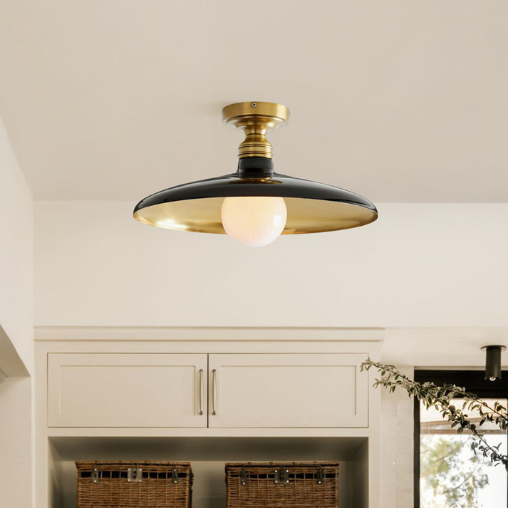 RoyaleGlow Farmhouse Industrial Brass Flush Mount Ceiling Light with Metal Dome Shade