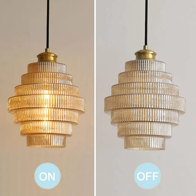 Royelux Elegant Ribbed Glass Pendant Light with Antique Brass Finish - Kitchen Island Lighting
