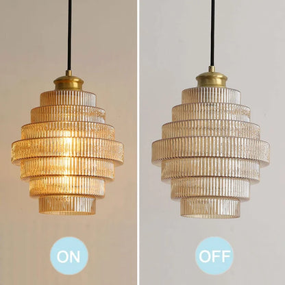 Royelux Elegant Ribbed Glass Pendant Light with Antique Brass Finish - Kitchen Island Lighting