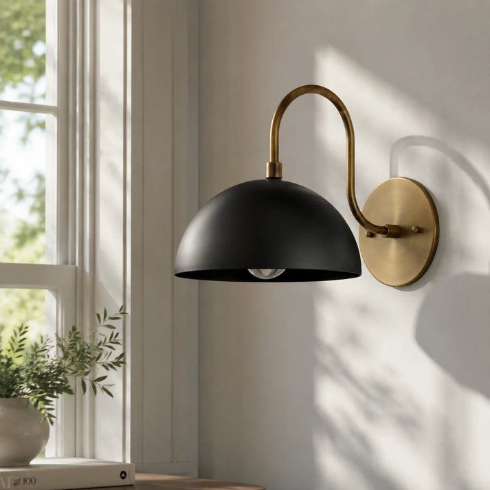 RoyaleGlow Mid-Century Antique Brass Wall Sconce with Dome Shade