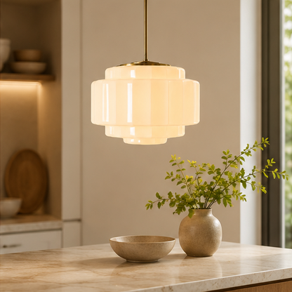 Antique Brass Tiered Opal White Glass Pendant Light