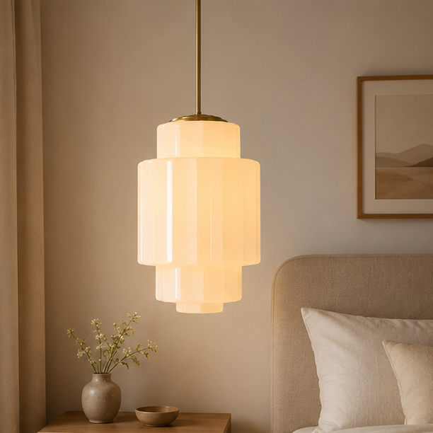Antique Brass Tiered Opal White Glass Pendant Light