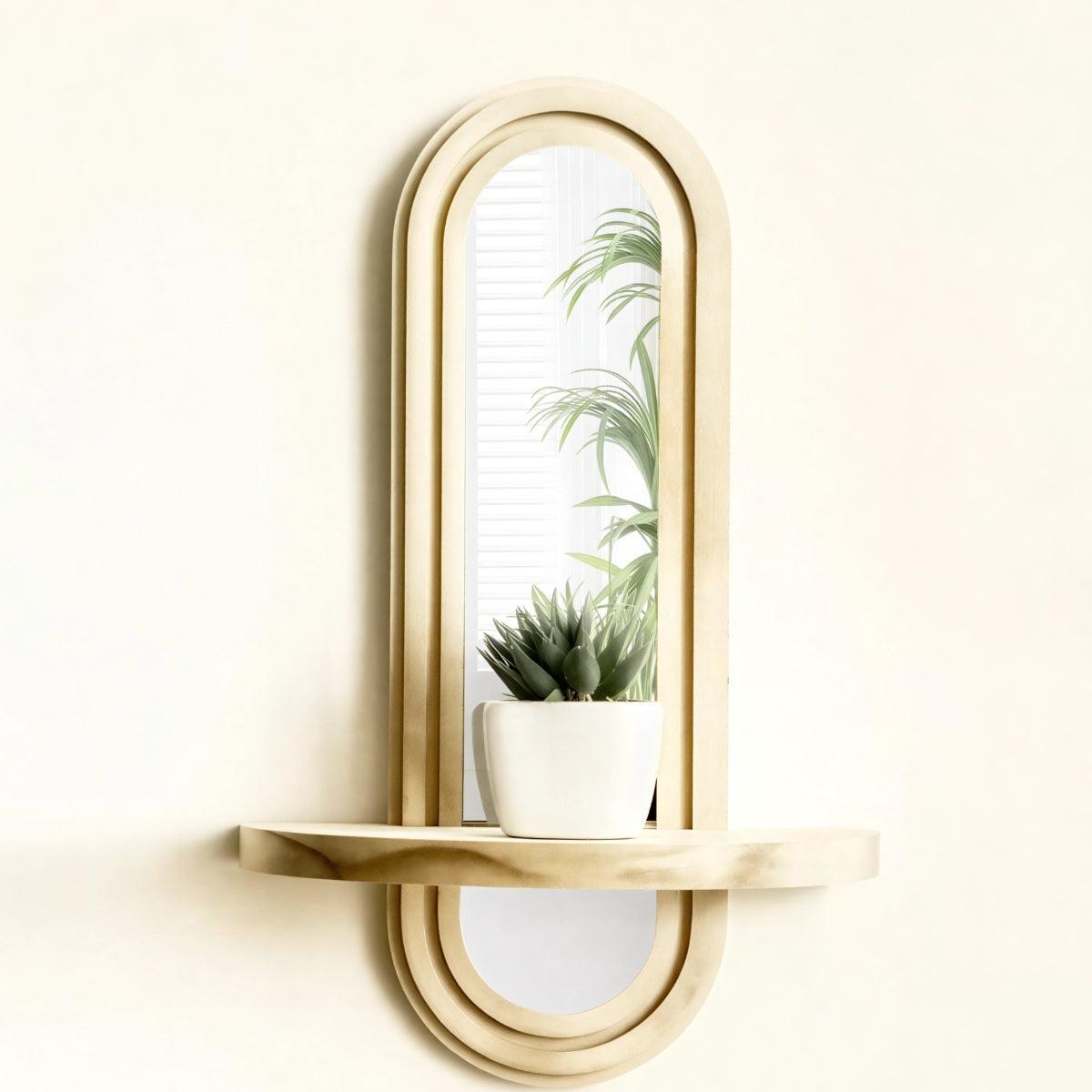Arched Wall Mirror With Floating Wood Shelf