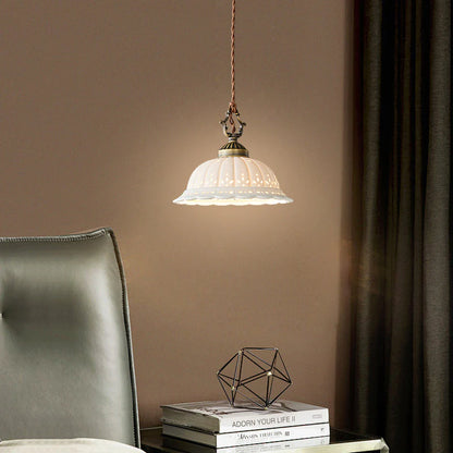 Royelux Vintage Porcelain Bell Pendant Light with Floral Cutouts and Scalloped Rim