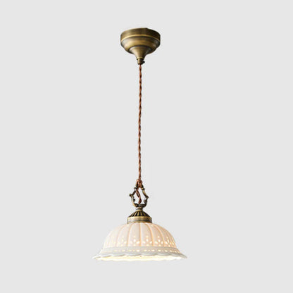 Royelux Vintage Porcelain Bell Pendant Light with Floral Cutouts and Scalloped Rim