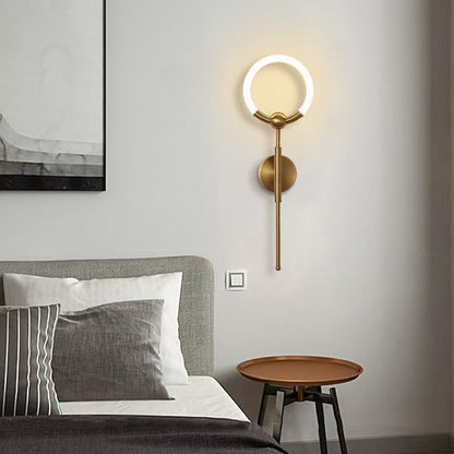 RoyaleGlow Modern LED Wall Sconce, Gold & Black Iron, Acrylic Circle Light for Bedroom