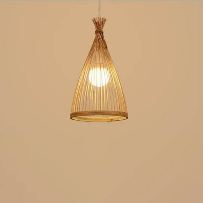 Bamboo Pendant Light – Japanese Style Hanging Lamp with Conical Bamboo Shade, Adjustable Ceiling Light 0