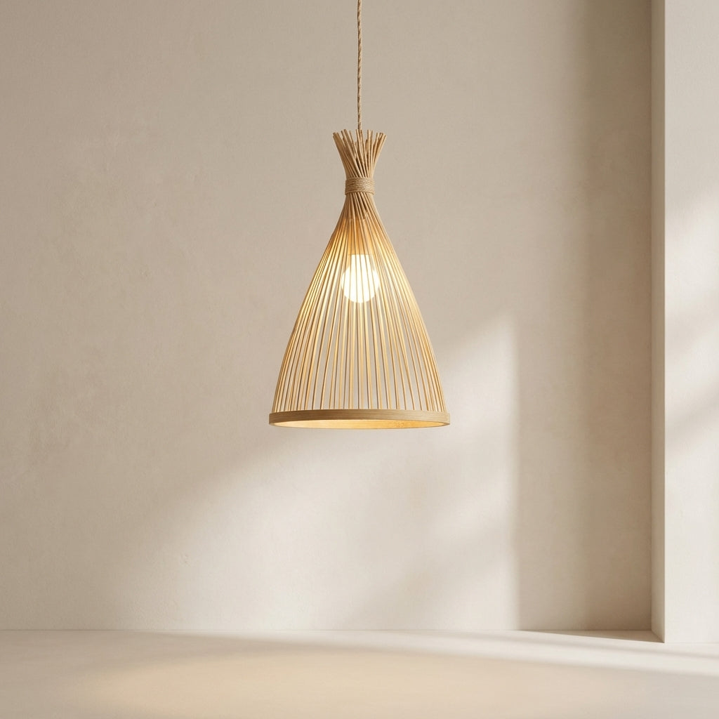 Bamboo Pendant Light – Japanese Style Hanging Lamp with Conical Bamboo Shade, Adjustable Ceiling Light 1