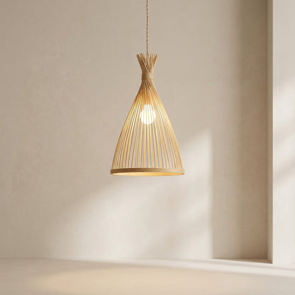 Bamboo Pendant Light – Japanese Style Hanging Lamp with Conical Bamboo Shade, Adjustable Ceiling Light 1