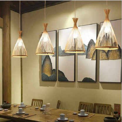 Bamboo Pendant Light – Japanese Style Hanging Lamp with Conical Bamboo Shade, Adjustable Ceiling Light 2