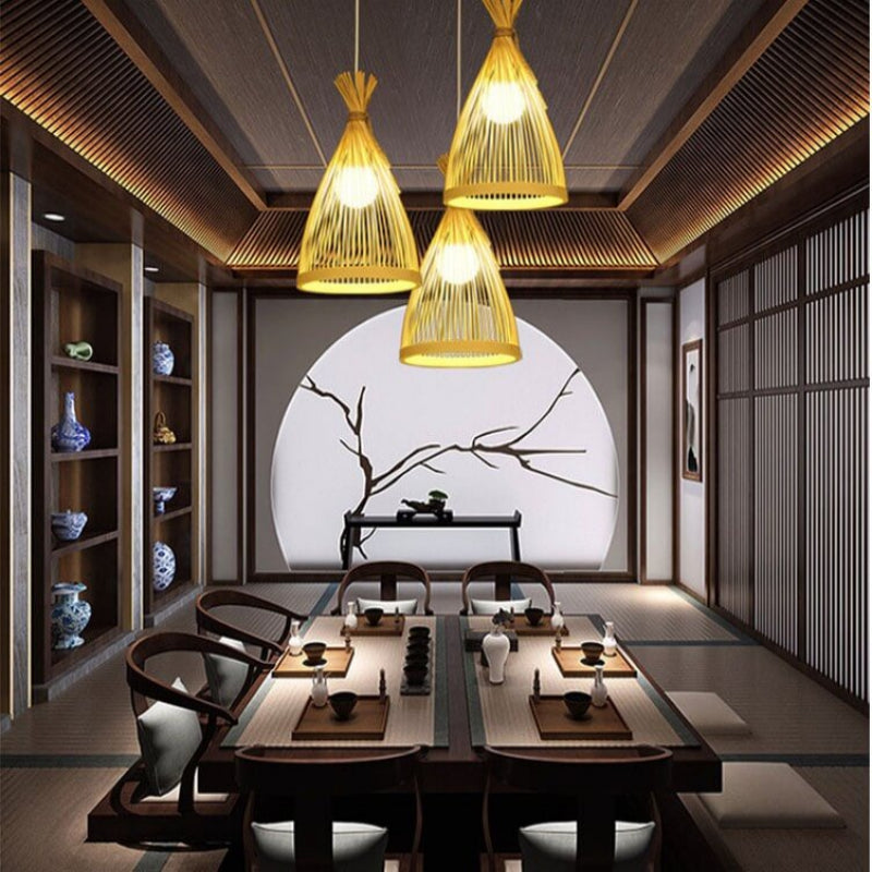 Bamboo Pendant Light – Japanese Style Hanging Lamp with Conical Bamboo Shade, Adjustable Ceiling Light 3