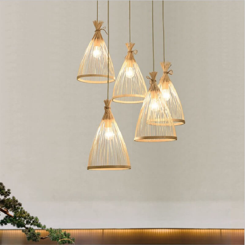 Bamboo Pendant Light – Japanese Style Hanging Lamp with Conical Bamboo Shade, Adjustable Ceiling Light 4