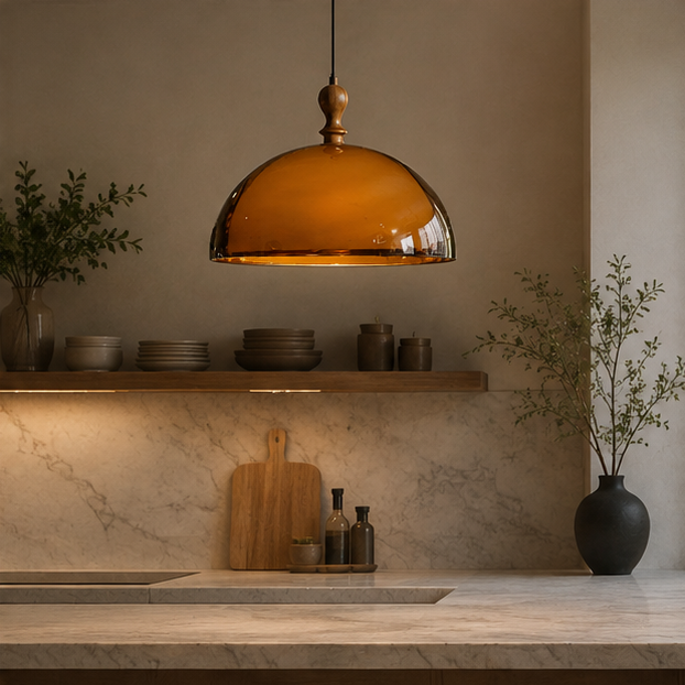 Bauhaus Amber Dome Wood Cap Pendant Light