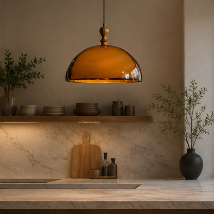 Bauhaus Amber Dome Wood Cap Pendant Light