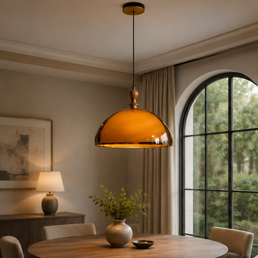 Bauhaus Amber Dome Wood Cap Pendant Light