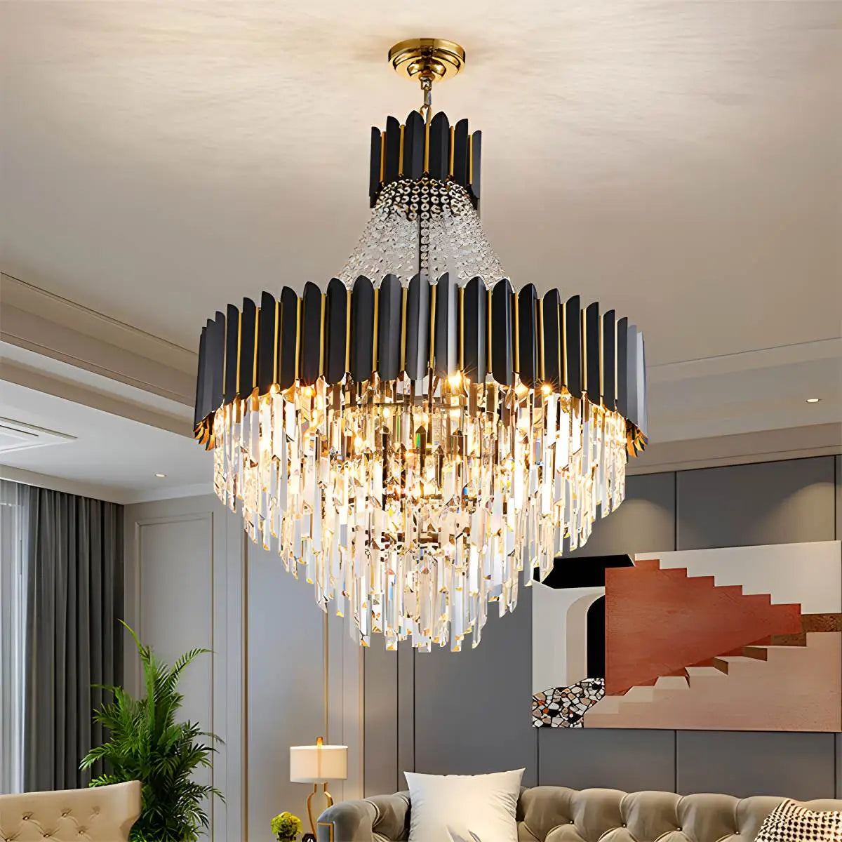 LuxRoyale Modern Black & Gold Crystal Chandelier for Dining Living Room