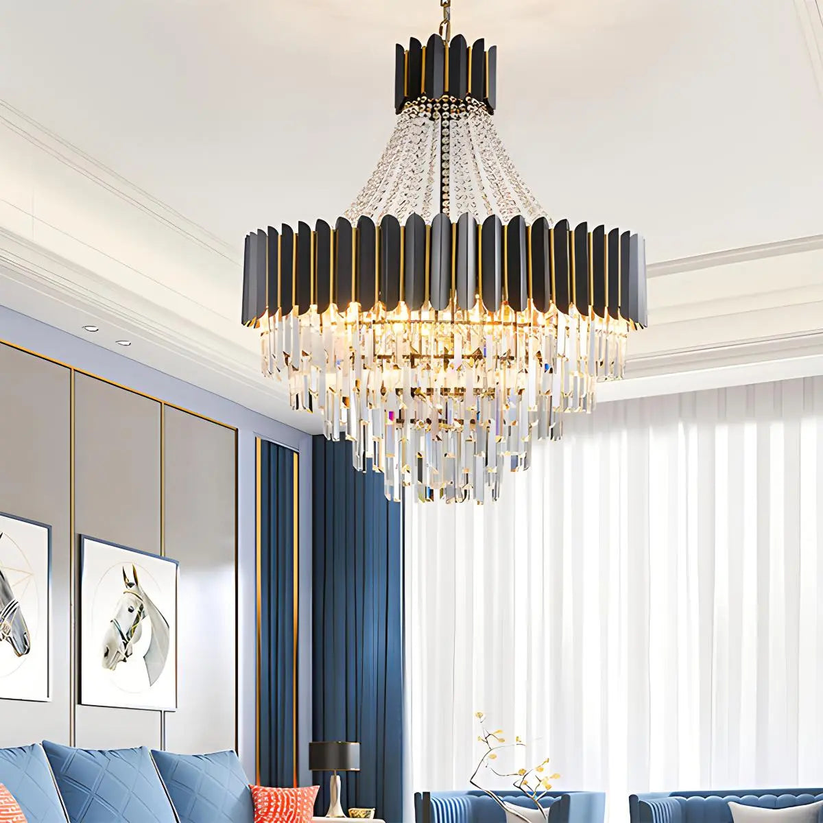 LuxRoyale Modern Black & Gold Crystal Chandelier for Dining Living Room