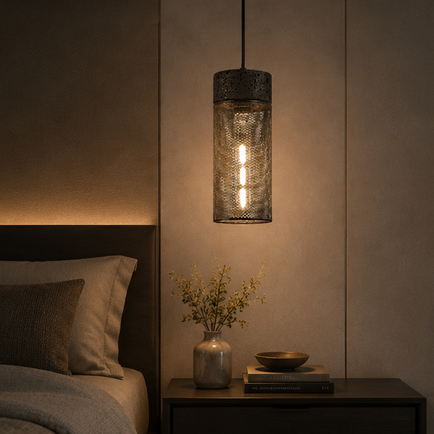Black Travertine Cylinder Pendant Light with Metal Mesh Shade 