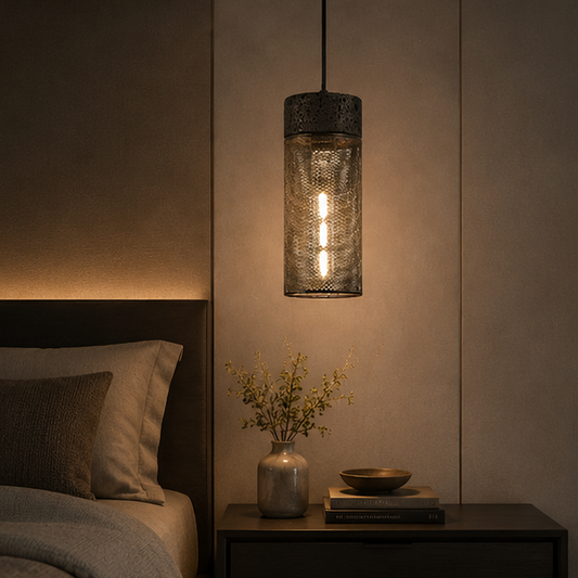 Black Travertine Cylinder Pendant Light with Metal Mesh Shade 
