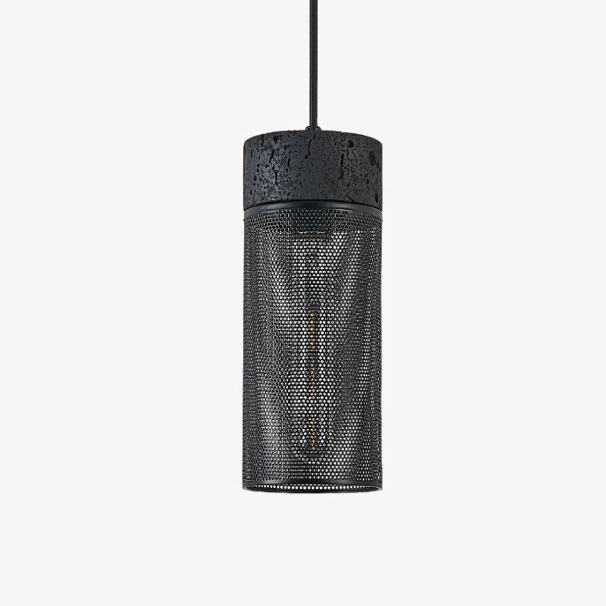 Black Travertine Cylinder Pendant Light with Metal Mesh Shade 0
