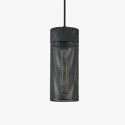 Black Travertine Cylinder Pendant Light with Metal Mesh Shade 0