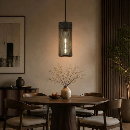 Black Travertine Cylinder Pendant Light with Metal Mesh Shade 1
