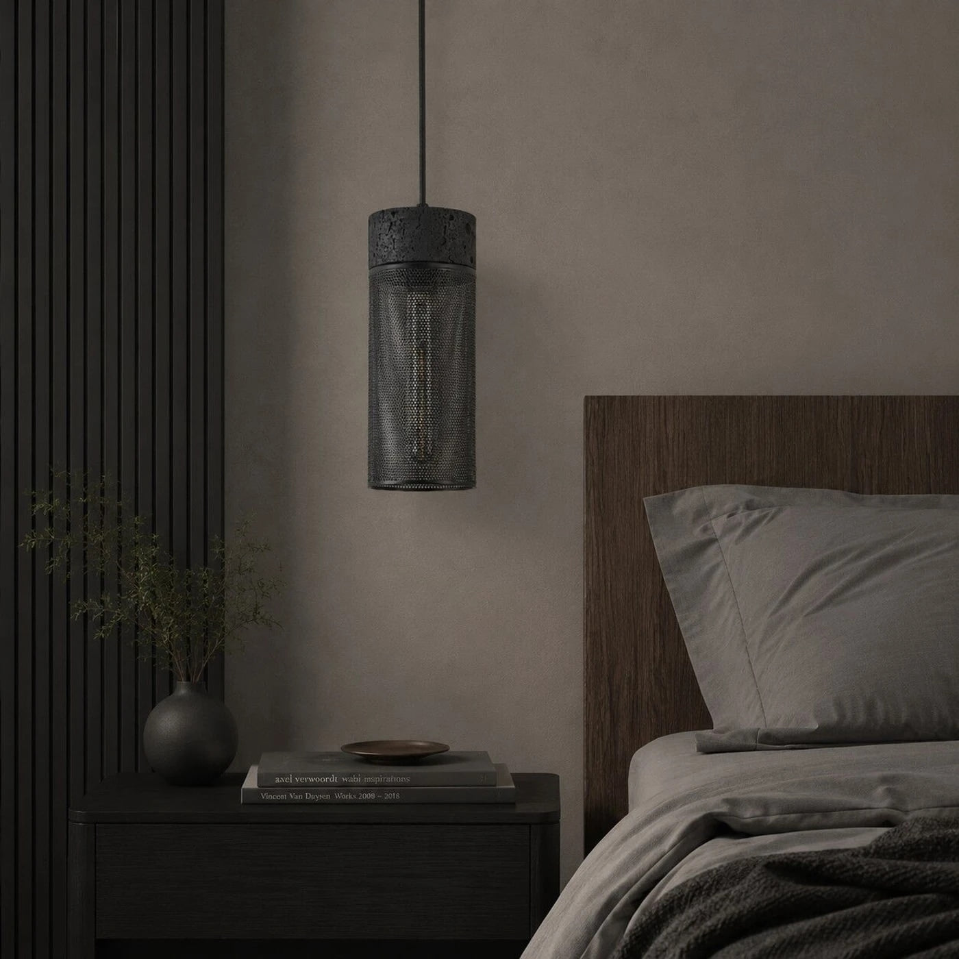 Black Travertine Cylinder Pendant Light with Metal Mesh Shade 2