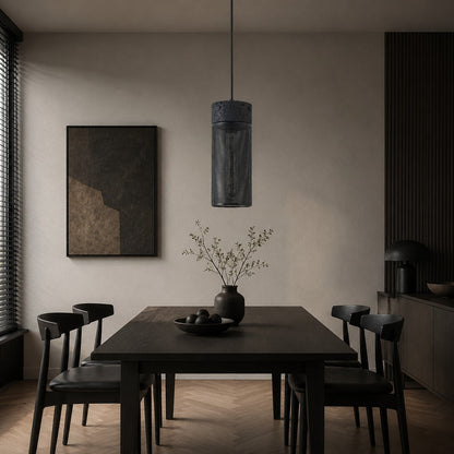 Black Travertine Cylinder Pendant Light with Metal Mesh Shade 3