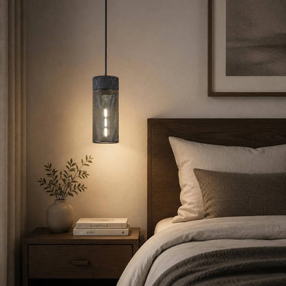 Black Travertine Cylinder Pendant Light with Metal Mesh Shade 4