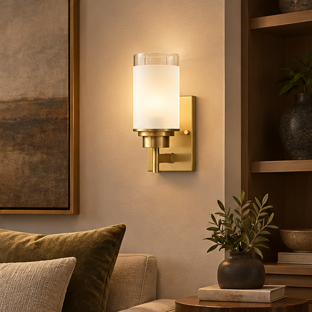 RoyaleGlow Modern Brass Glass Wall Sconce Frosted Cylinder Light Fixture
