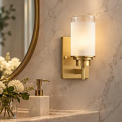 RoyaleGlow Modern Brass Glass Wall Sconce Frosted Cylinder Light Fixture