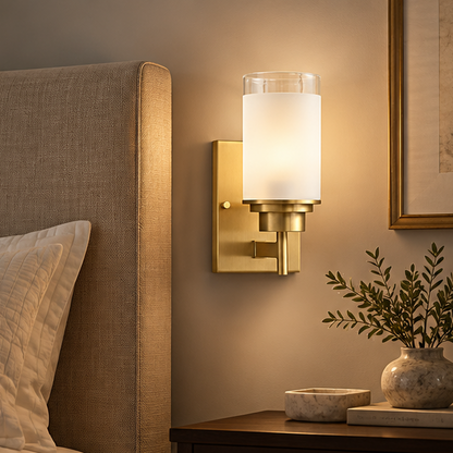 RoyaleGlow Modern Brass Glass Wall Sconce Frosted Cylinder Light Fixture