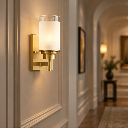 RoyaleGlow Modern Brass Glass Wall Sconce Frosted Cylinder Light Fixture