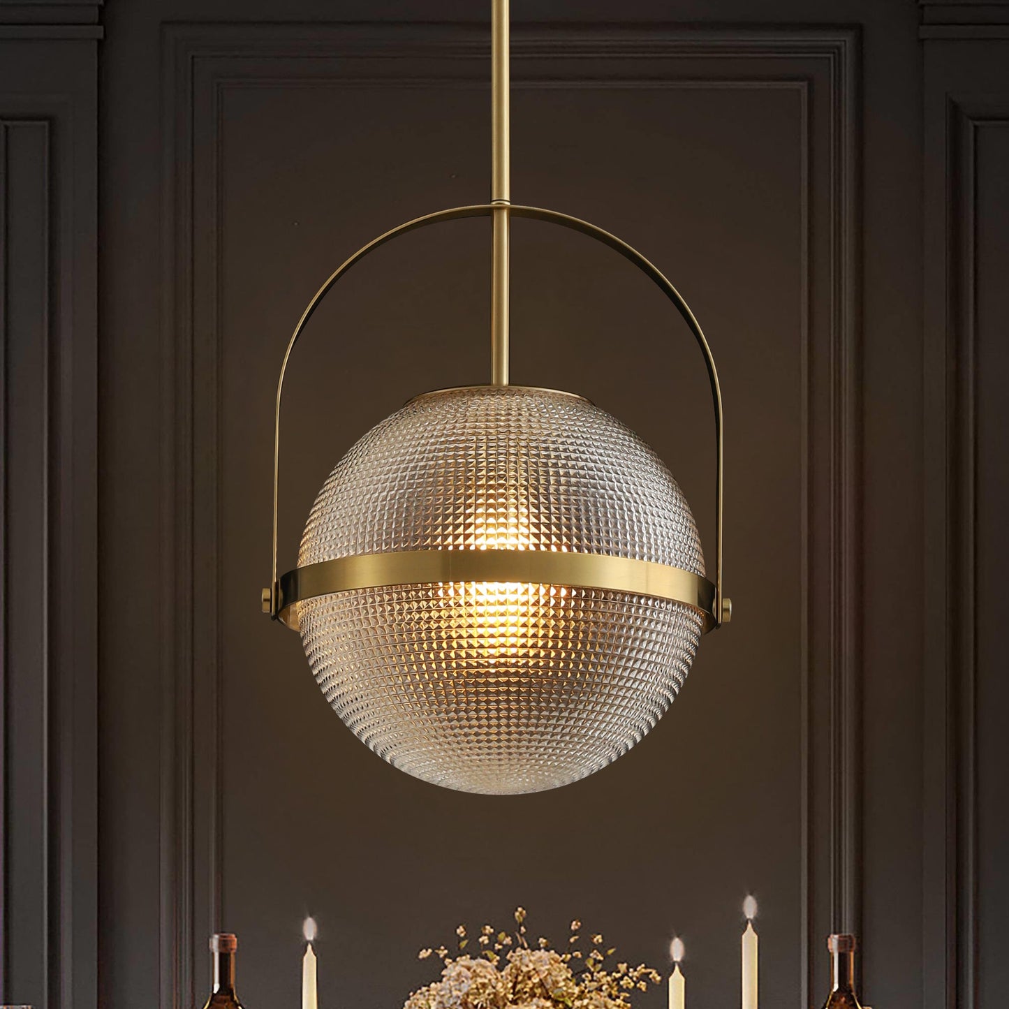 Brillara 1-Light Dimmable Grid Glass Minimalist Globe Pendant (9") 0