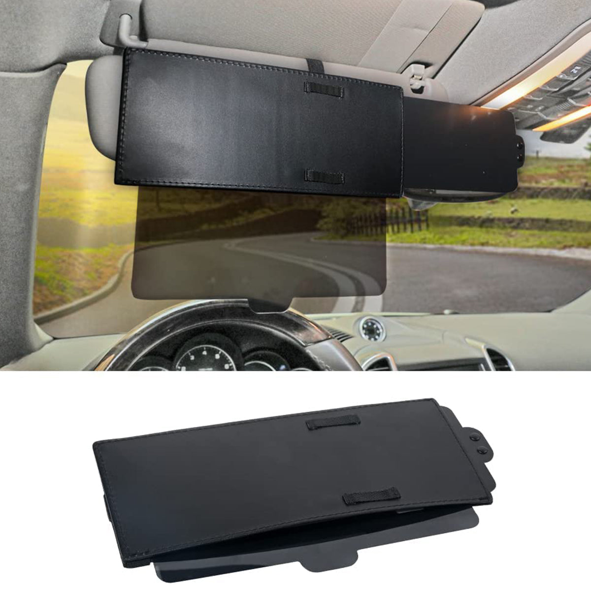 Polarized sun visor for car windshield with military-grade polycarbonate lens, blocking 95% glare for safer driving in all weather conditions.