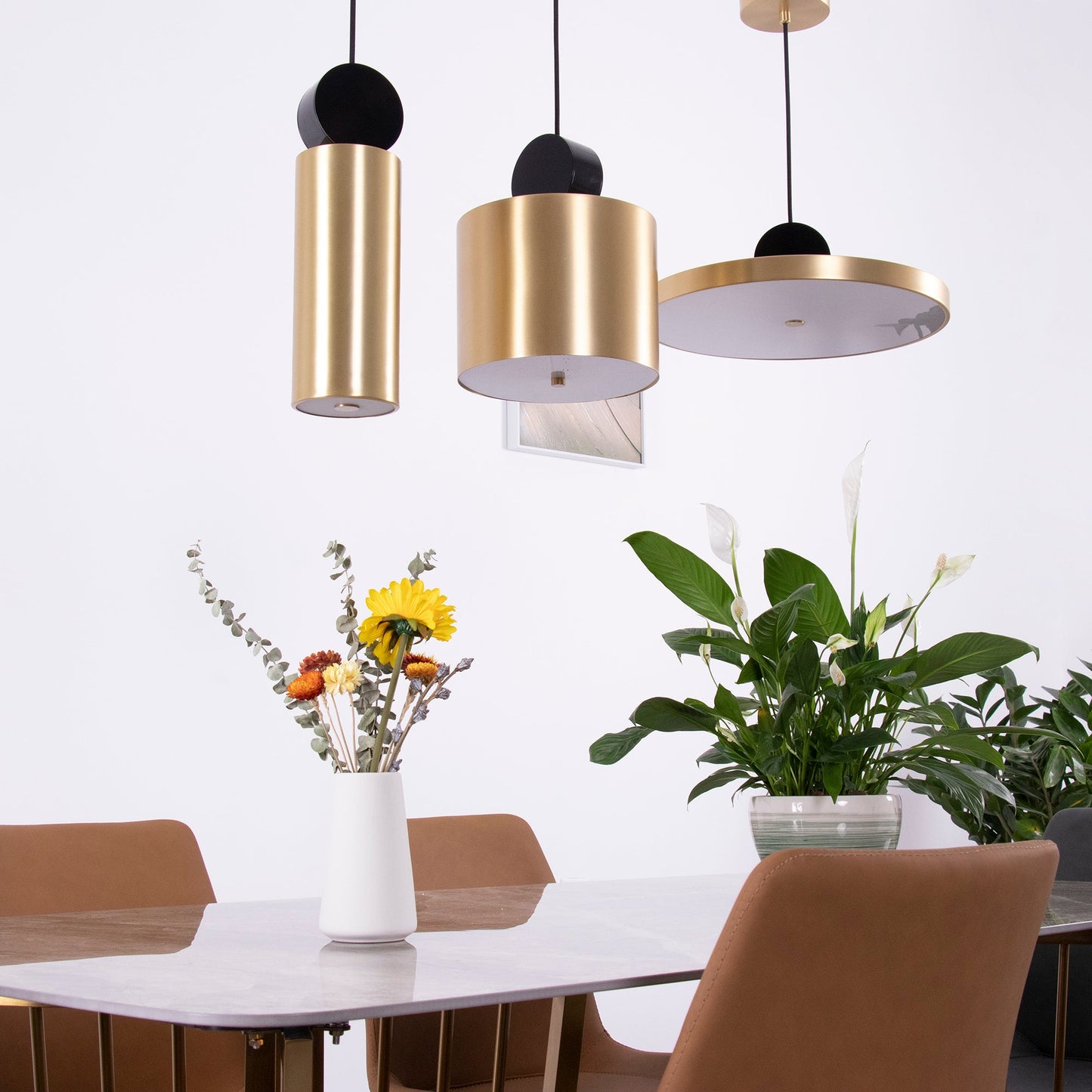 LuxRoyale Modern Cylindrical Brass & Black LED Pendant Light for Kitchen Island