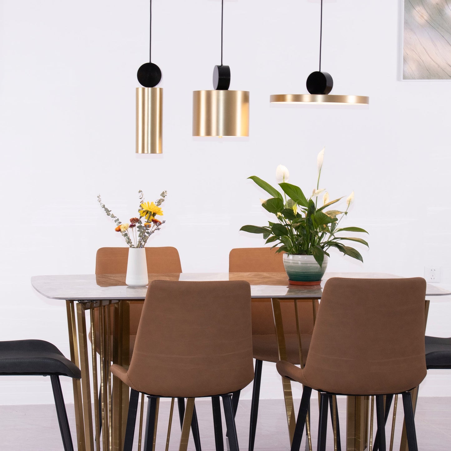 LuxRoyale Modern Cylindrical Brass & Black LED Pendant Light for Kitchen Island