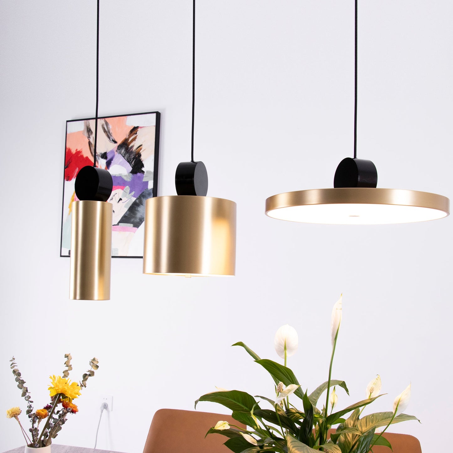 LuxRoyale Modern Cylindrical Brass & Black LED Pendant Light for Kitchen Island