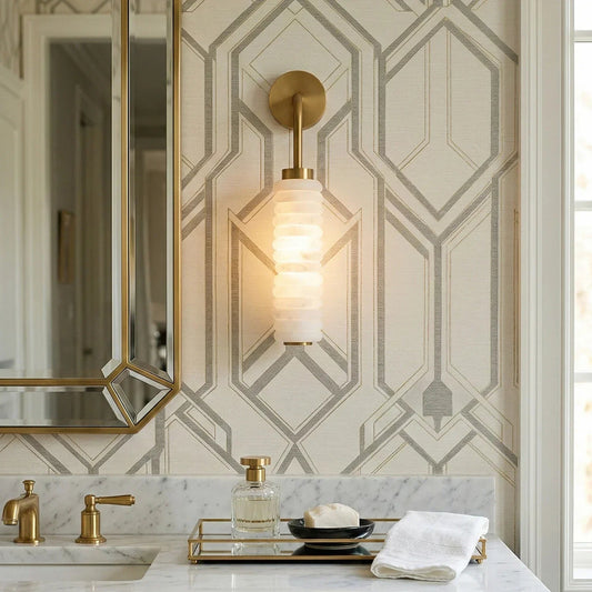 RoyaleGlow Art Deco Alabaster Cylinder Wall Sconce - Modern Vanity Light