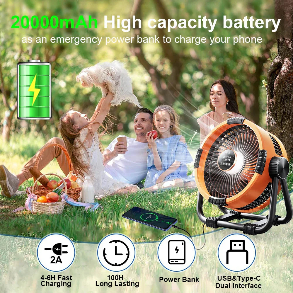 Camping Fan with 20000mAh Battery, LED Light & Remote Control – WindMate 4