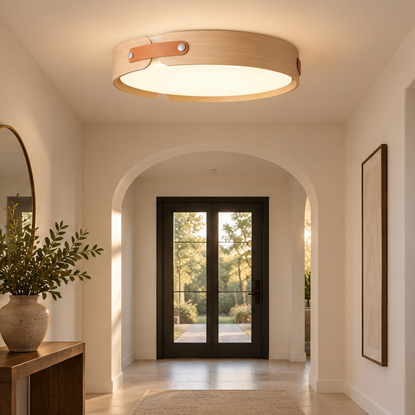 Ceiling Light Flush Mount Stylish Circular, Wood & Leather