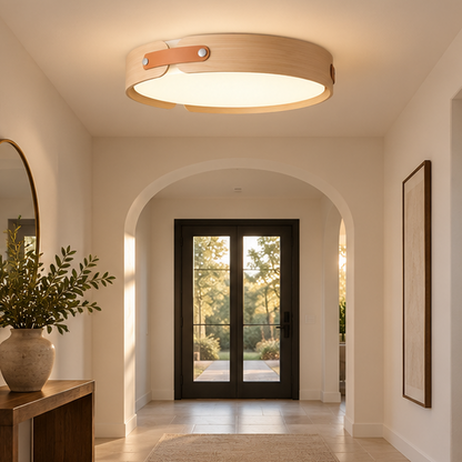 Ceiling Light Flush Mount Stylish Circular, Wood & Leather