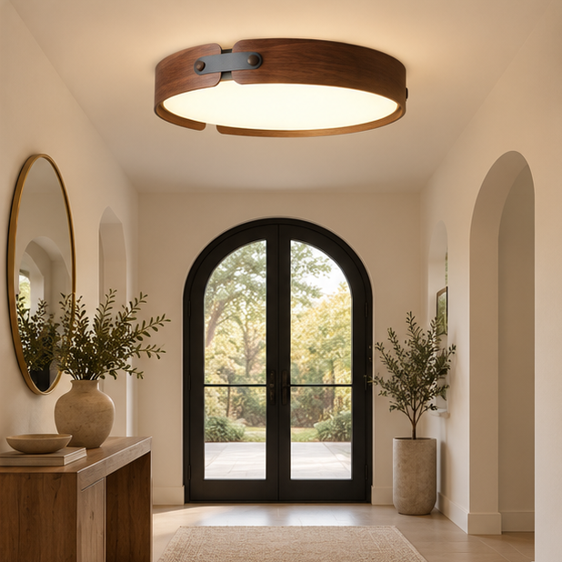 Ceiling Light Flush Mount Stylish Circular, Wood & Leather