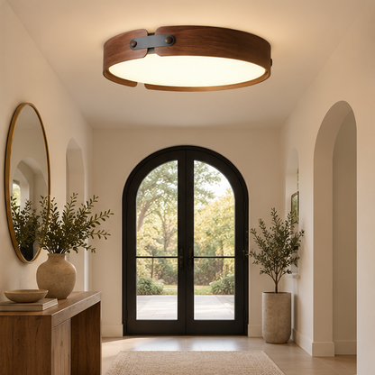 Ceiling Light Flush Mount Stylish Circular, Wood & Leather