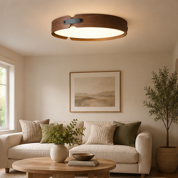 Ceiling Light Flush Mount Stylish Circular, Wood & Leather