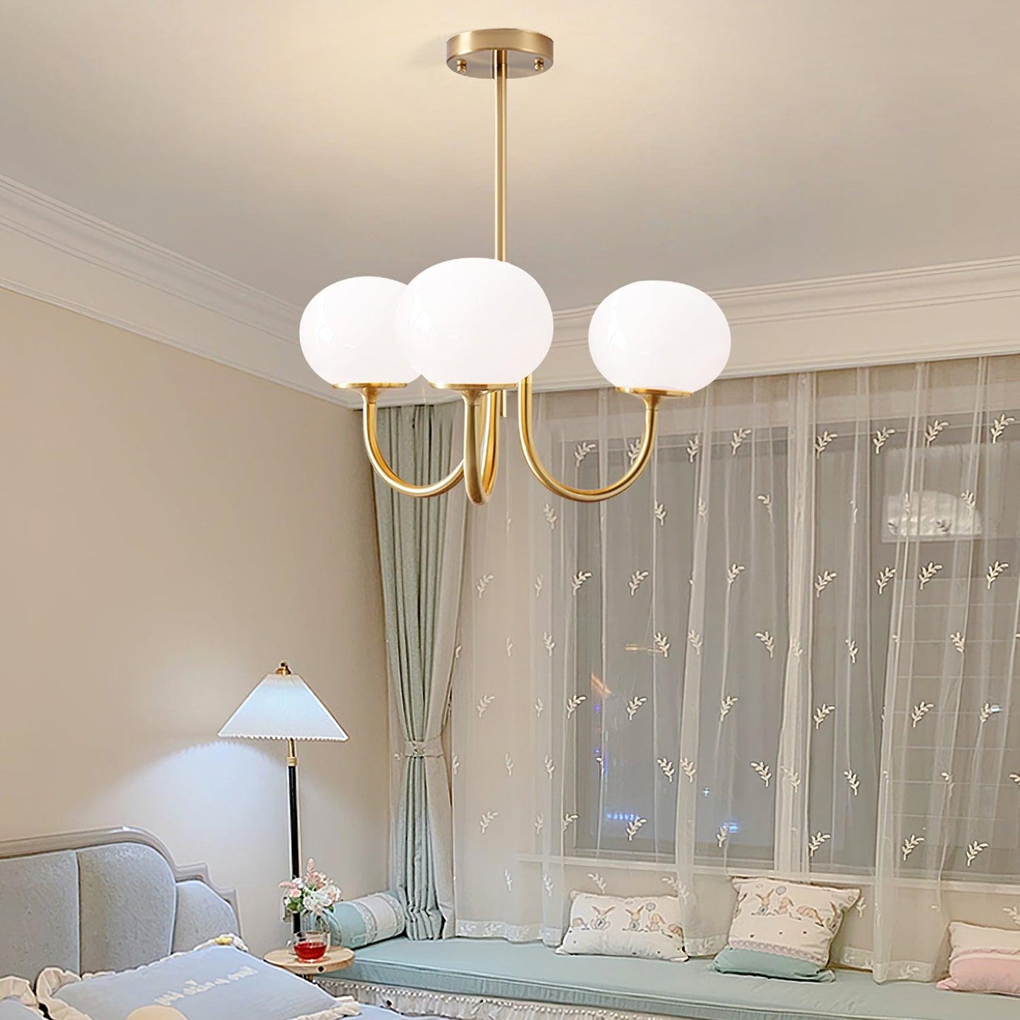 Chandelier with Spherical Glass Shades and Metal Frame 12